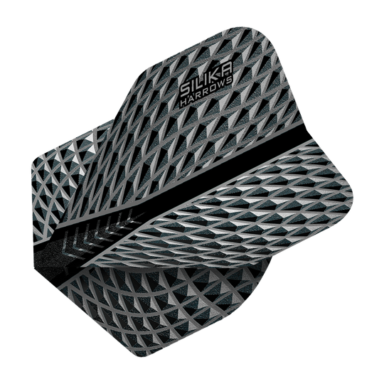 Das Bild zeigt das Produkt "Harrows Silika Smokey No2 Standard Flights". Die Flights haben ein silbergraues, geometrisches Muster mit dem Aufdruck "SILIKA HARROWS" oben.