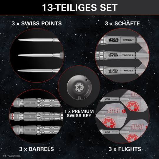 Target Star Wars AT-AT Swiss Point steel darts Auf dem Bild sieht man die Target Star Wars AT-AT Swiss Point Steeldarts. Sie sind von den bekannten AT-AT-Maschinen aus Star Wars inspiriert.
