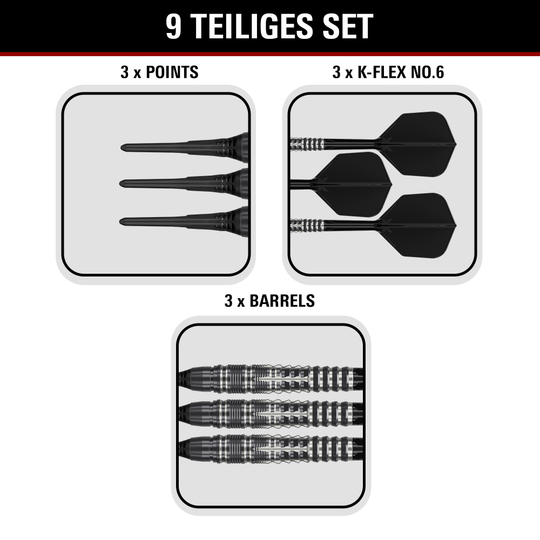 Target Black Marque Blaze Soft Darts - 18g Gezeigt werden die Target Black Marque Blaze Softdarts mit 18g Gewicht. Diese Softdarts sind für ambitionierte Spieler entworfen.