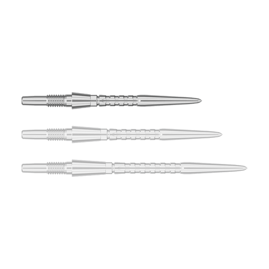 Target Swiss Point Storm Surge steel dart tips - silver Das Bild zeigt drei silberne Steeldartspitzen, die nebeneinander liegen. Sie haben eine gerillte Struktur und eine spitz zulaufende Form.