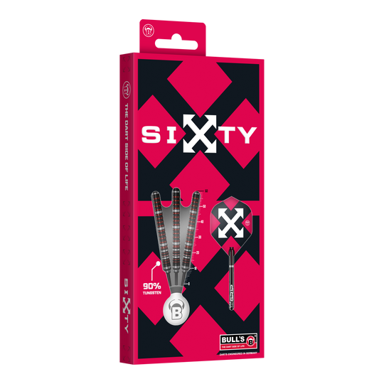 Hier sind die Bulls Sixty S2 Steeldarts abgebildet. Die Steeldarts haben ein schlankes Design und eignen sich für professionelle Spieler.