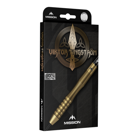 Mission Viktor Tingstrom Gold Steeldarts - 22g, mehrere Dartpfeile werden präsentiert. Die goldene Farbgebung und das spezielle Design sind erkennbar.
