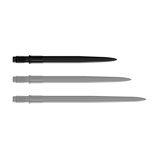Mission R2.5 Rapid Point SM1 Dart Tips - Black Das Bild zeigt eine einzelne schwarze Dartspitze mit einer Länge von 30 mm. Die Spitze ist für den Einsatz in Darts gedacht.