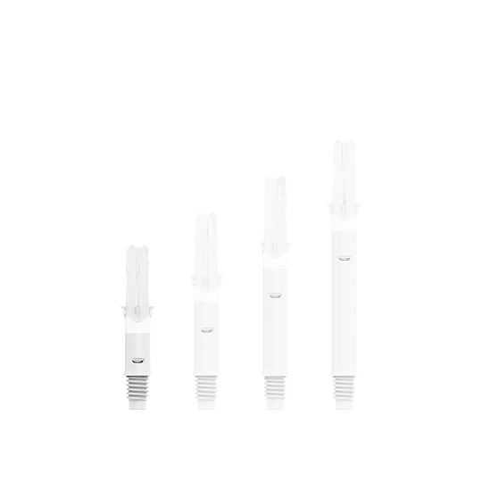 L-L-Style-Shafts Silent Straight - White Auf dem Bild sind vier weiße Dart-Schäfte in unterschiedlichen Längen zu sehen. Sie stehen nebeneinander auf weißem Hintergrund.