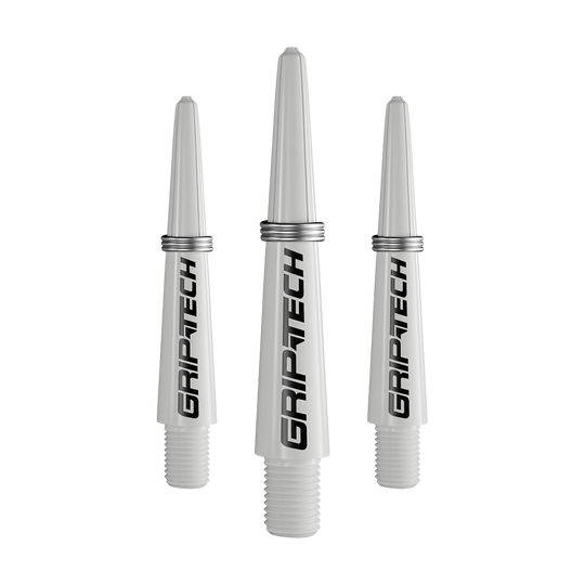 GOAT Griptech Shafts - White Das Bild zeigt drei silberne Dartschäfte mit der Aufschrift "GRIPTECH". Sie sind aus Kunststoff und haben ein Schraubgewinde am unteren Ende.