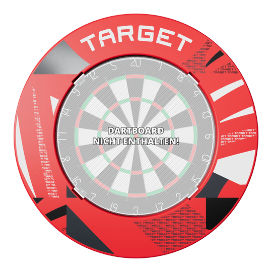 Target Notched Patterned Dartboard Surround Abgebildet ist ein Dartboard-Surround in Rot mit Muster. Das Surround wird nah gezeigt.