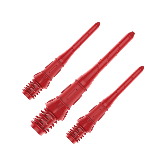 Premium Lippoints (30er Pack) - Spitzen Auf dem Bild sind drei rote Dartspitzen zu sehen. Sie sind schmal und haben ein Schraubgewinde am unteren Ende.
