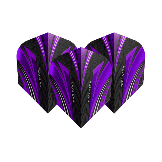 Das Bild zeigt drei Dart-Flights mit dem Namen "Harrows Prime Predator Purple No2 Standard Flights". Sie sind in den Farben Lila, Schwarz und Silber mit einem modernen Design gestaltet.