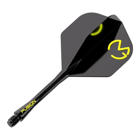 Winmau Fusion Flight Shaft System Michael Van Gerwen Pacman No2 Standard Das Bild zeigt das Winmau Fusion Flight-Shaft-System Michael Van Gerwen Pacman No2 Standard. Es ist schwarz mit gelben Akzenten und dem Logo auf dem Flight.