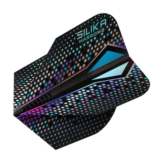 Harrows Silika Colourshift Tough Crystalline Coating Silver-X No6 Flights Dies ist ein Dartflight der Marke Harrows mit dem Namen „Silika Colourshift Tough Crystalline Coating Silver-X No6“. Das Design zeigt eine schwarze Oberfläche mit schimmernden, bunten Sechsecken und blauen Akzenten.