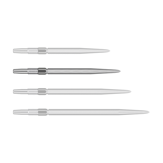 Target Swiss Point Nano Dart Tips - Silver Auf dem Bild sind vier silberne Dartspitzen in einer Reihe nebeneinander zu sehen. Sie sind schmal, lang und haben feine Rillen entlang der Oberfläche.