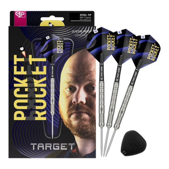 Target Justin Hood Swiss Points Steeldarts - 23g Auf dem Bild sieht man die vollständigen Target Justin Hood Swiss Points Steeldarts mit 23 Gramm. Das Set ist ideal für Dartliebhaber und Profispieler.