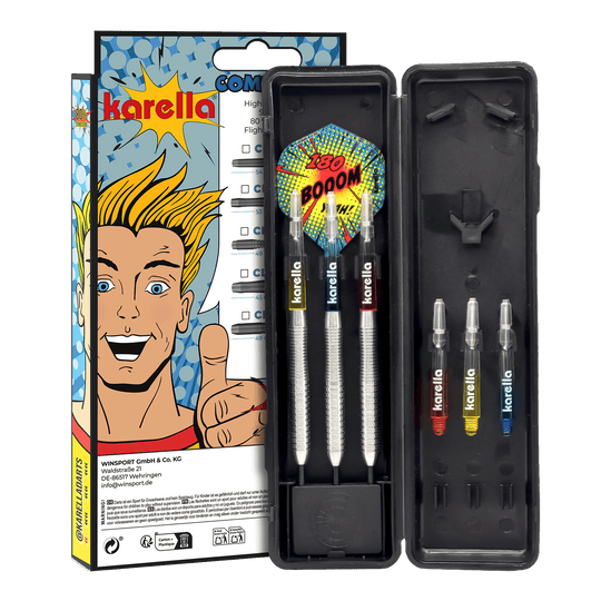 Hier sind die Karella Comic Line CL-2 Steeldarts mit einem Gewicht von 23g abgebildet. Die Darts sind speziell für den Einsatz im Wettkampf gedacht.