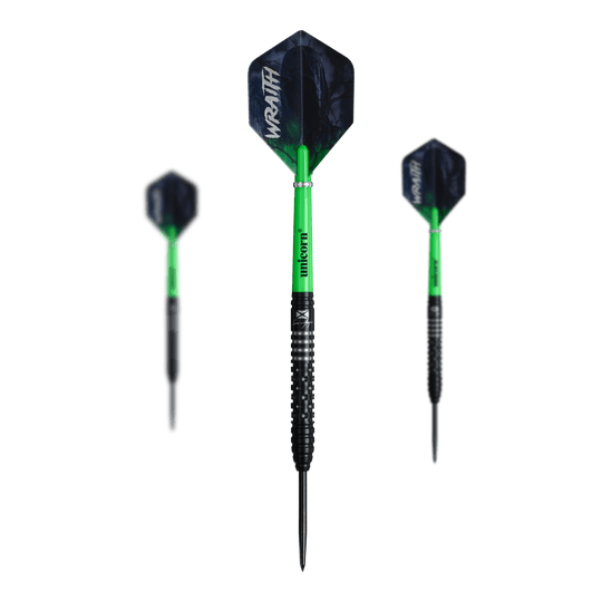 Auf dem Bild sind die Unicorn Wraith Cameron Menzies Steeldarts - 23g zu erkennen. Es handelt sich um ein Set mit Steeldarts in silberner Farbe.