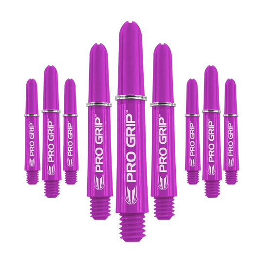 Target Pro Grip Shafts - 3 Sets - Purple Das Bild zeigt neun lilafarbene Dartschäfte mit der Aufschrift "PRO GRIP". Sie sind in einer Reihe angeordnet und haben kleine silberne Ringe.