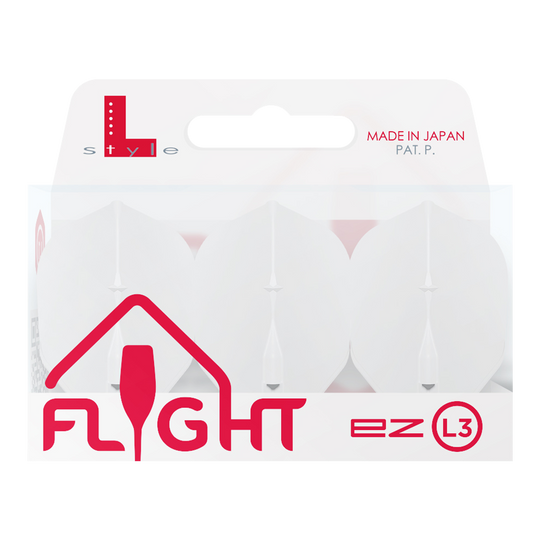 L-L-Style3EZ Flights Auf dem Bild ist eine Verpackung von L-Style Flights für Darts zu sehen. Die Verpackung ist weiß und enthält drei Flights des Typs EZ L3, hergestellt in Japan.