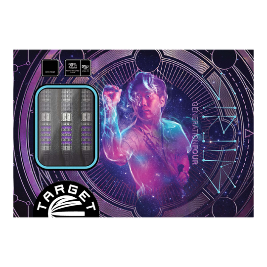 Die Abbildung zeigt die Verpackung der "Target Japan Prime Series Sirius GEN4 Swiss Point Steeldarts". Auf dem Cover ist ein farbenfrohes, futuristisches Design mit einer Person und drei Darts zu sehen.