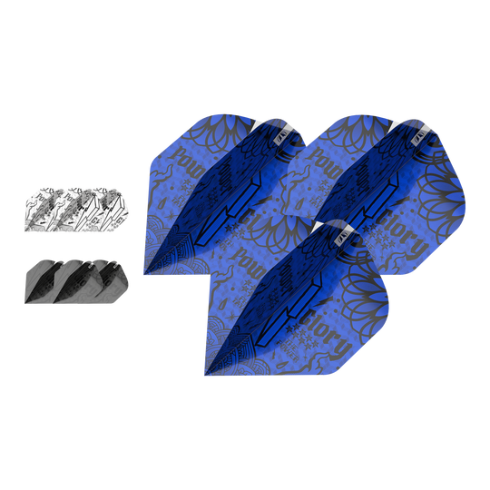 Target Ink Bundle 3 Sets Power No2 Standard Flights Das Bild zeigt das Produkt „Target Ink Bundle 3 Sets Power No2 Standard Flights.“ Es enthält drei verschiedenfarbige Sets von Dartflights mit auffälligen Mustern, darunter Blau, Schwarz und Weiß.