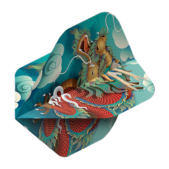 Pentathlon Flights Dragon Das Bild zeigt ein Dartflight mit einem farbenfrohen Drachenmotiv auf blauem Hintergrund. Es handelt sich um das Produkt "Pentathlon Dragon 5 Standard Flights".