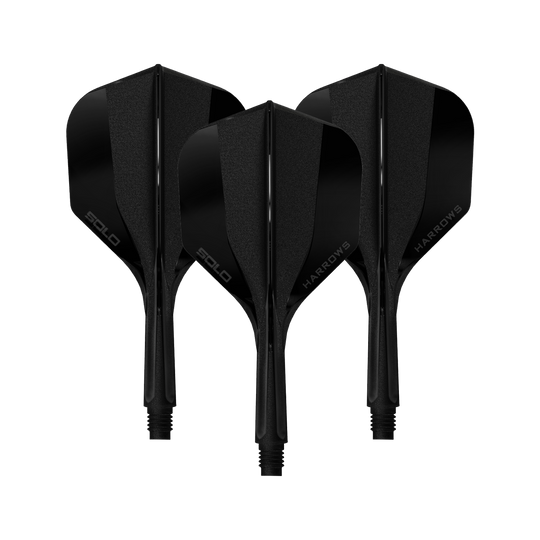 Hier sieht man ein Harrows Solo No6 Flight Shaft System in Schwarz, 20mm, 1 Set. Das Produkt wird aus der Seitenperspektive gezeigt.