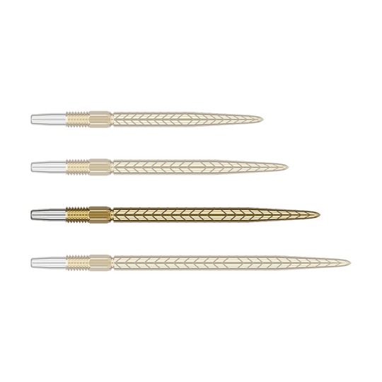 Target Swiss Point RVE dart tips - Gold Auf dem Bild sind vier goldene Dartspitzen mit einem Muster zu sehen. Sie liegen parallel nebeneinander auf einem grünen Hintergrund.
