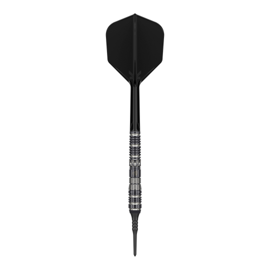 Das Bild zeigt einen schwarzen Softdartpfeil mit auffälligem silbernen Griff. Es handelt sich um das Produkt „Target Japan Black Marque Dragon 3 Softdarts - 18g“.