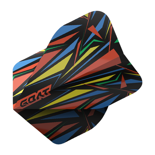 Das Bild zeigt das Produkt "GOAT Athlete Red No2 Standard Flights". Die Dartflights haben ein auffälliges, buntes Zickzack-Muster mit roten, gelben, grünen und blauen Farben.