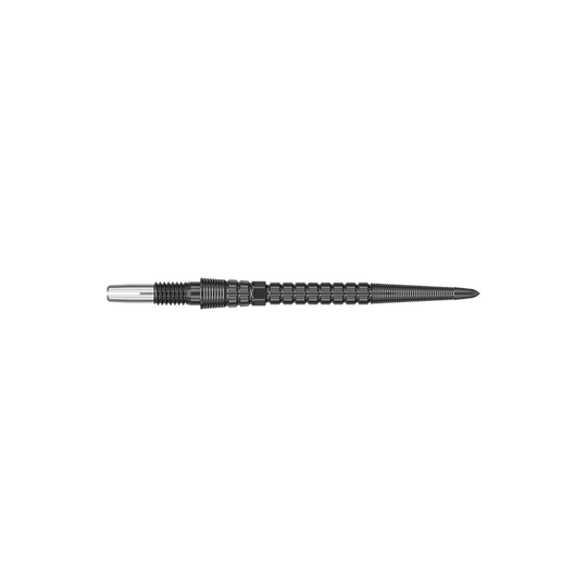 Target Chrono Swiss Storm Point Dart Tips - Black Ein schwarzes Dartspitzen-Set ist abgebildet. Die Spitzen sind in einer Reihe angeordnet.