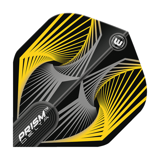 6915-241_Winmau_Prism_Delta_Spiral_YellowGrey_Standard_Flights_10LqQqE7iBbMSm Das Bild zeigt das Produkt "Winmau Prism Delta Spiral YellowGrey Standard Flights". Das Flight ist in Schwarz mit gelben und grauen Spiralstreifen gestaltet.