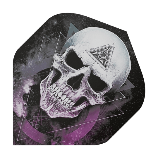 ALC22_Alchemy_The_Void_Standard_Flights_1 Das Bild zeigt ein Dart-Flight mit einem großen Totenkopf und mystischen Symbolen. Im Hintergrund sind violette und schwarze geometrische Muster zu sehen.