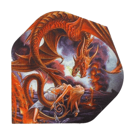 Alchemy Forge Of Vesuvius No2 Standard Flights Auf dem Bild ist ein roter Drache zu sehen, der Feuer speit. Vor ihm kniet eine gefesselte Frau, während im Hintergrund Lava und Rauch aufsteigen.