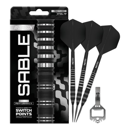 Red Dragon Sable Torpedo Switch Point Steel Darts Das Bild zeigt die Red Dragon Sable Torpedo Switch Point Steeldarts in voller Länge. Die komplette Form und das Design sind zu sehen.