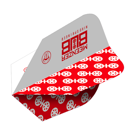 Das Bild zeigt ein Bulls X-Powerflite Niko Springer XXL B-Standard Flight für Dartpfeile. Das Flight ist in Grau und Rot gestaltet und mit auffälligen Mustern sowie dem Namen des Spielers bedruckt.