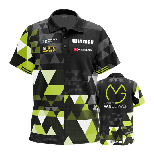 Winmau Michael Van Gerwen fan edition polo shirt Das Bild stellt das Winmau Michael Van Gerwen Fan-Edition Poloshirt dar. Es ist ein spezielles Fan-Shirt im Stil von Michael Van Gerwen.