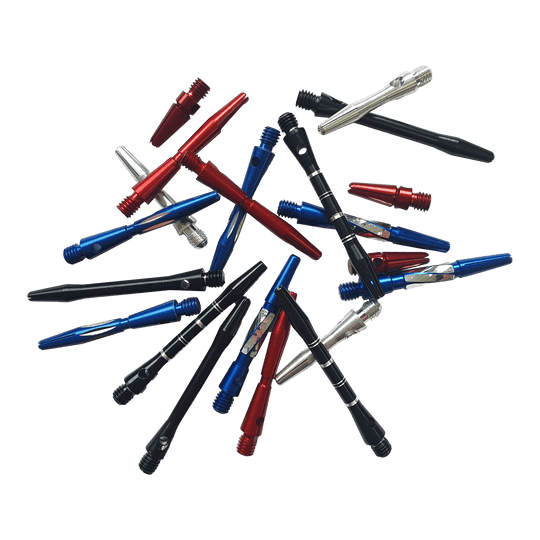 Alu-Shaft Surprise Set - 7 sets Das Bild zeigt eine Auswahl an bunten Aluminiumschäften für Dartpfeile. Die Schäfte sind in verschiedenen Farben wie Rot, Blau, Schwarz und Silber enthalten.