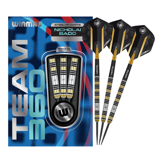 Das Bild zeigt die Winmau Team 360 Nicholai Bado Steeldarts mit 23 Gramm. Diese Darts sind für Präzision und Leistung im Spiel entwickelt.