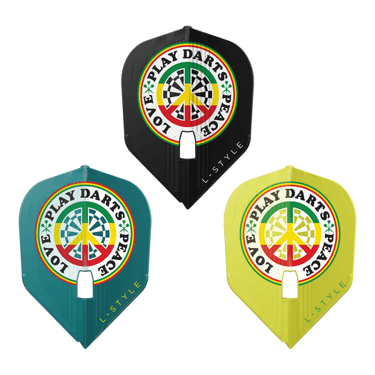 L-STyle Deta Hedman V4 Mix KAMI Flights Das Bild zeigt drei bunte Dart-Flights der Marke L-Style mit dem Design "Deta Hedman V4 Mix KAMI". Auf jedem Flight steht "LOVE PLAY DARTS PEACE" um ein Peace-Zeichen mit Dartboard-Muster.
