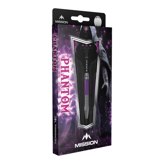 Mission Phantom Brass Steel Darts - 22g Die Abbildung zeigt die Verpackung der "Mission Phantom Brass Steeldarts - 22g". Die Verpackung ist überwiegend lila und schwarz gestaltet und zeigt einen Dartpfeil sowie eine geheimnisvolle, schattenhafte Figur im Hintergrund.