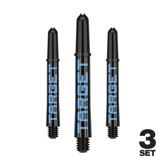 Target Pro Grip TAG Shafts - 3 Sets - Black Blue Das Bild zeigt drei schwarze Dartschäfte mit blauer Aufschrift "TARGET". Unten rechts steht "3 SET", was auf ein Set aus drei Stück hinweist.