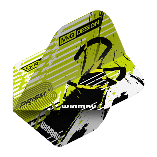 Winmau Delta Michael Van Gerwen Prism 03 Standard Flights Das Bild zeigt die Winmau Delta Michael Van Gerwen Prism 03 Standard Flights. Das Design ist in Gelb, Schwarz und Weiß gehalten und trägt den Schriftzug "MvG DESIGN" sowie das Winmau-Logo.