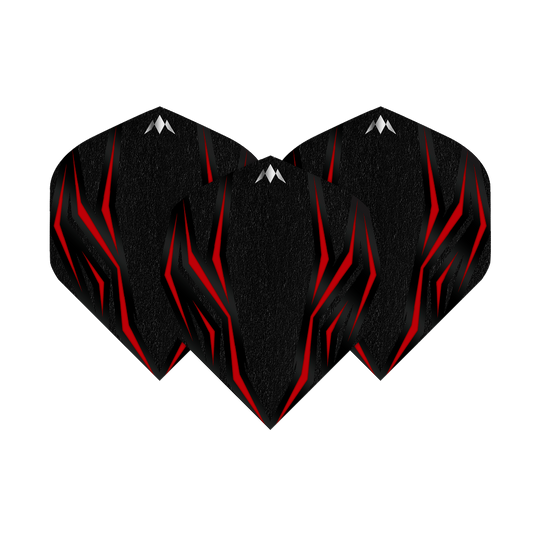 Das Bild zeigt drei schwarze Dartflights mit roten, lavaähnlichen Mustern. Die Flights sind das Modell "Mission Lava Red No2 Standard Flights".