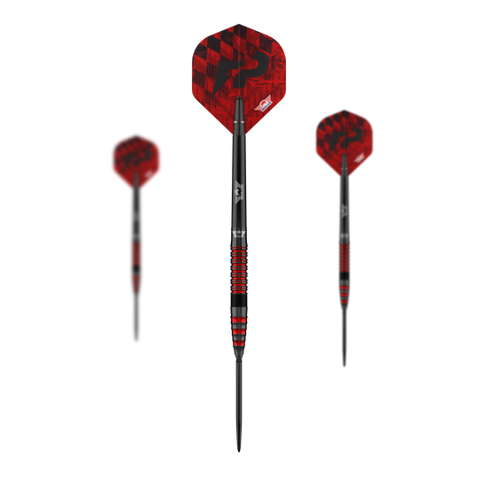 Bulls NL Florian Price 90 Convertible Point Steeldarts Das Bild zeigt das komplette Set Bulls NL Florian Preis 90 Convertible Point Steeldarts. Die Darts sind silberfarben.