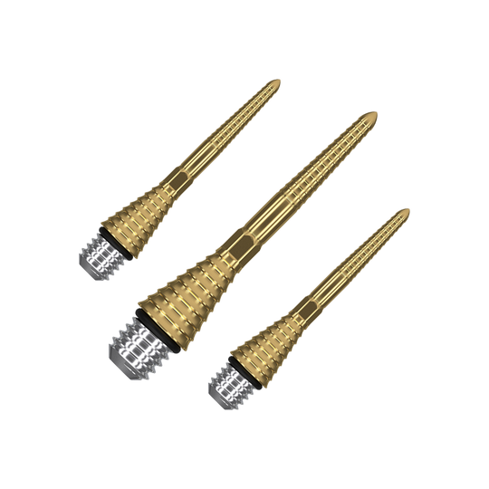 Das Bild zeigt drei goldfarbene Target Swiss Point Grooved Conversion Points. Sie haben ein gerilltes Design und sind für Dartpfeile bestimmt.