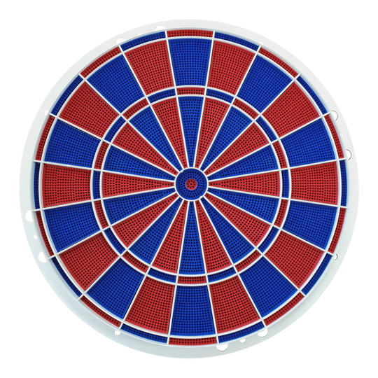 Löwen Dart spare parts 82 segment and spider set Das Bild zeigt ein Löwen Dart Ersatzteile 82er Segment- und Spider Set. Es besteht aus abwechselnd roten und blauen Segmenten mit weißen Trennstreben.