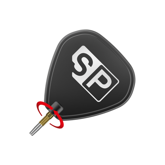 Target Swiss Firepoint Gold dart tips Das Bild zeigt eine schwarze Dart-Flightscheibe mit dem weißen Aufdruck "SP". Darunter ist eine goldene Dartspitze mit einem roten Pfeil, der eine Drehbewegung anzeigt.