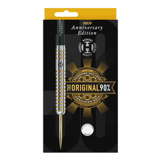 Harrows Anniversary Edition The Original Steeldarts Auf dem Bild ist eine Packung mit einem Steeldart der Marke Harrows zu sehen. Die Verpackung zeigt die Aufschrift „Anniversary Edition“ und „The Original 90%“.