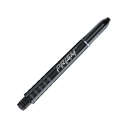 7020-401_Winmau_Prism_Force_Shafts_Schwarz_41mm_2 Dies ist ein schwarzer Winmau Prism Force Shaft für Darts. Auf dem Schaft steht der Schriftzug "PRISM FORCE" in weißer Farbe.