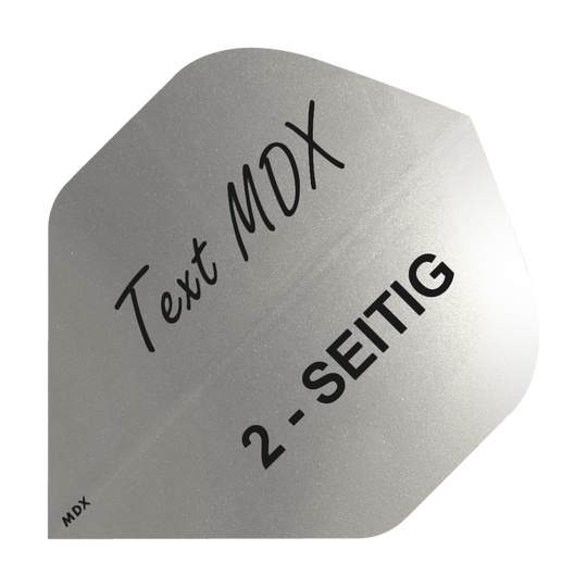 10 sets of printed metallic flights, double-sided - custom text - MDX standard Das Bild zeigt ein silbernes Dart-Flight mit schwarzem Aufdruck. Darauf steht "Text MDX" und "2-SEITIG".