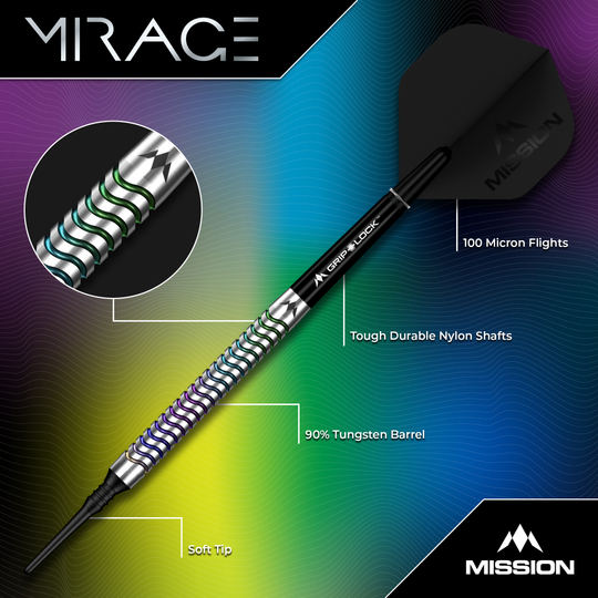 Mission Mirage soft darts - 20g Hier sieht man die Mission Mirage Softdarts - 20g. Die Darts werden aus einer seitlichen Perspektive präsentiert.