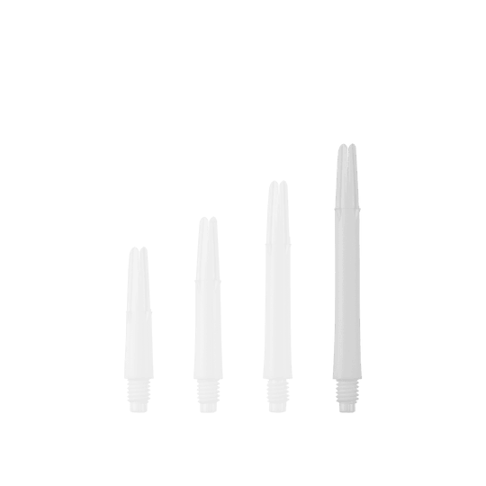 L-L-Style-Shafts Locked Straight - White Das Bild zeigt vier weiße, gerade Dartshafts in unterschiedlichen Längen. Sie sind ohne Kappen und stehen nebeneinander aufgereiht.